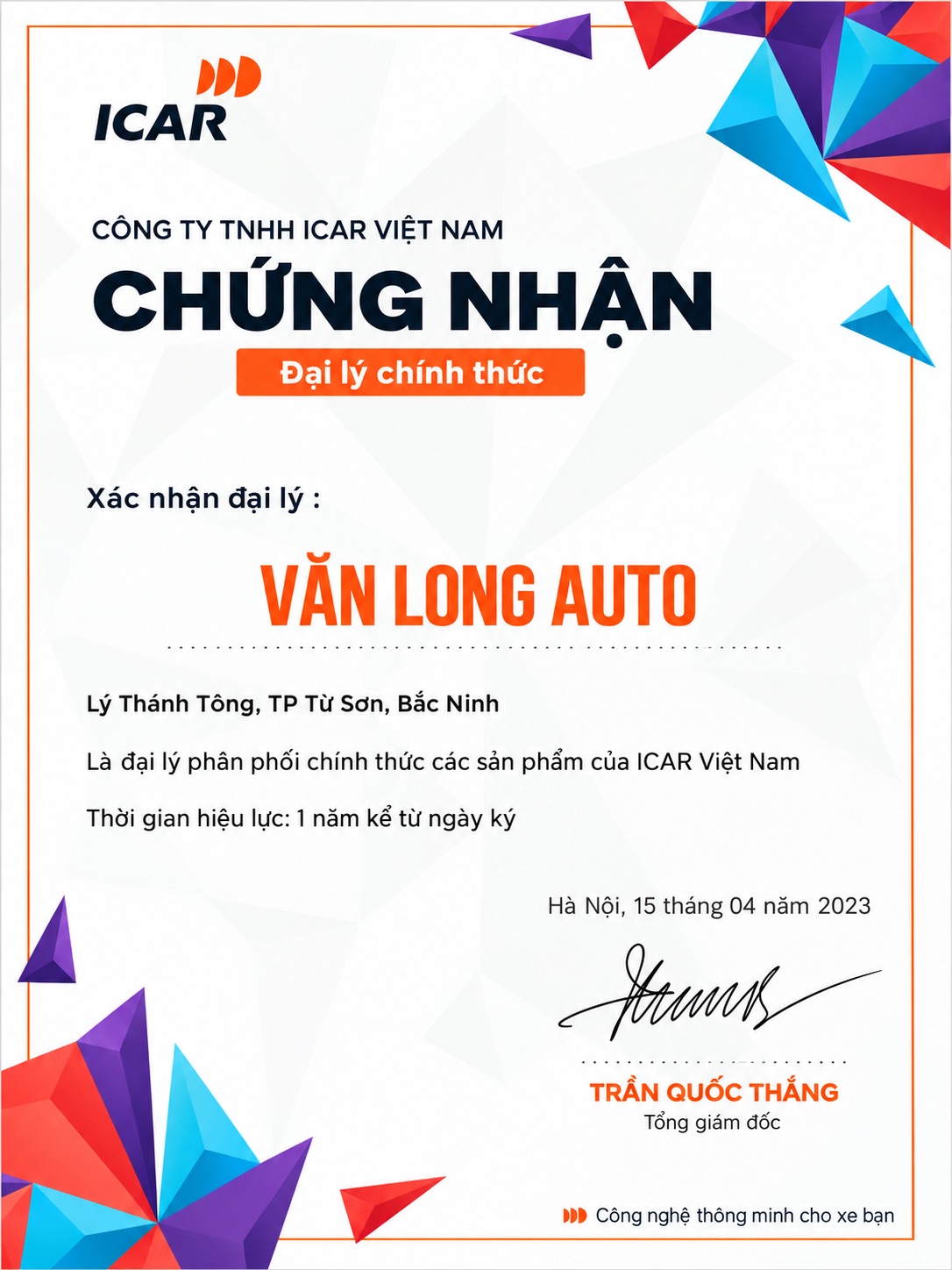 Chứng nhận đại lý chính thức ICAR Việt Nam